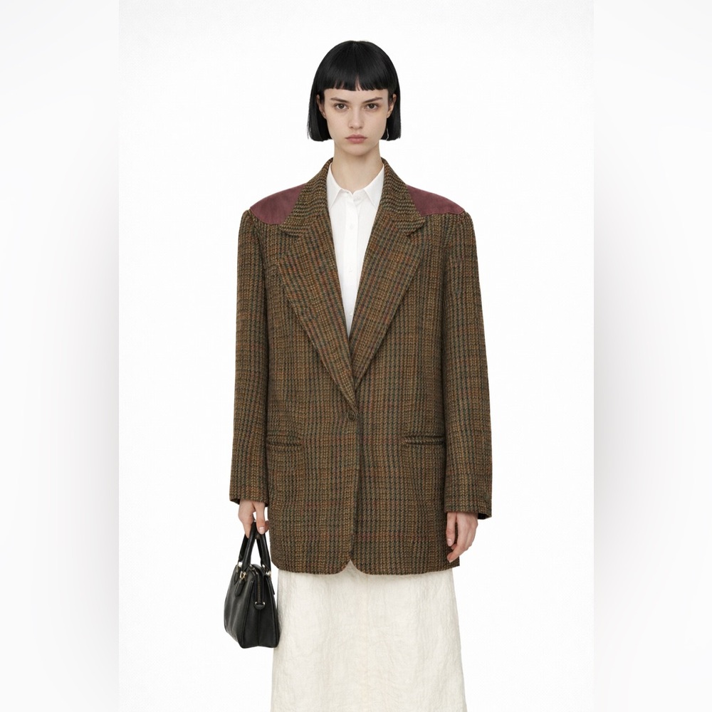 VINTAGE - Wool Tweed Brown Blazer Plaid | Burgundy Leather Shoulders Oversized